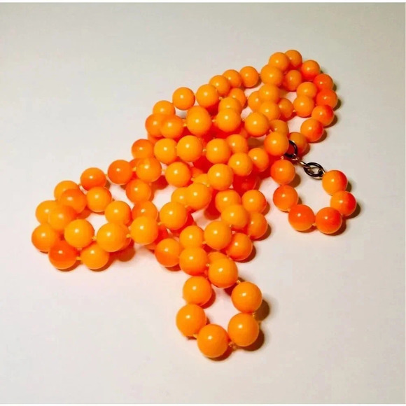Vintage Womens Orange Round Beaded Single Strand Long Necklace Fashion Jewelry - Picture 3 of 7